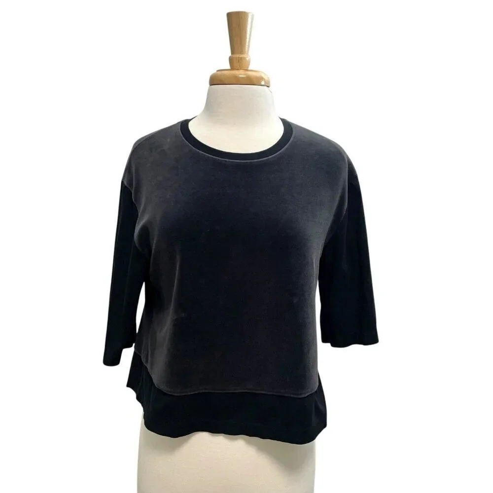 TORY BURCH Velvet Mixed-Fabric T-Shirt Blouse Top Classic Black size Small